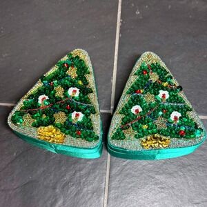 GAC Beaded Sequin Christmas Tree Ornament Boxes Green Satin Padded Set of 2